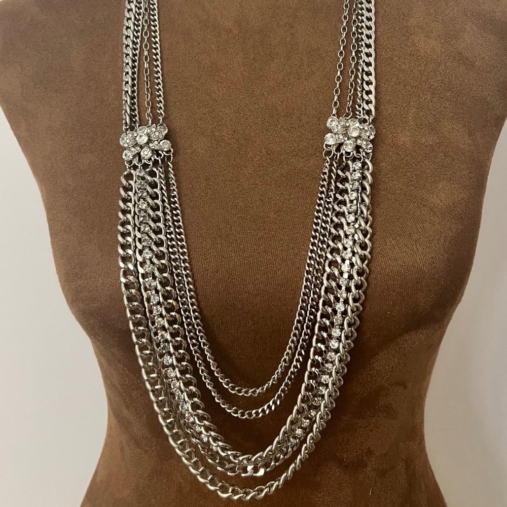 Silver Multi Strand Layered Rhinestone Flower Statement Necklace 39" Fairycore